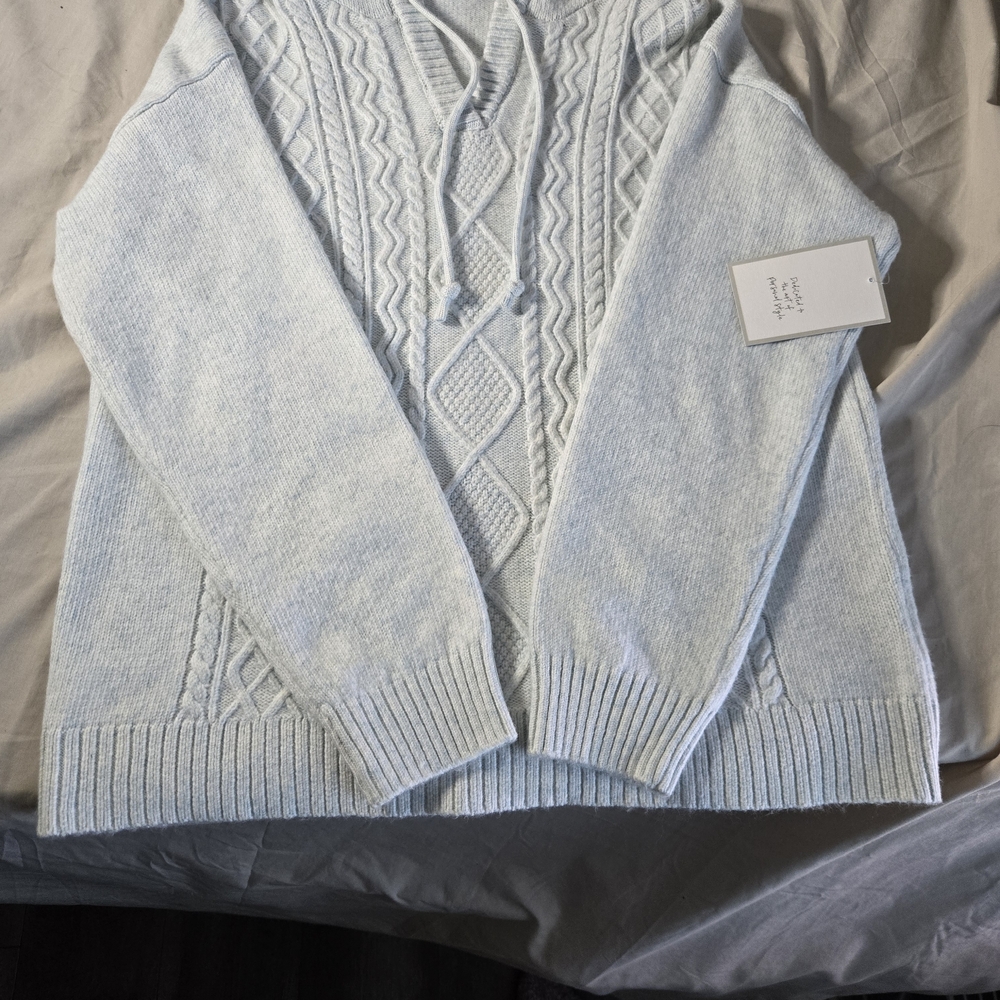 Calligraphie Cable‎ Knit Hooded Sweater Medium Light Blue NWT
